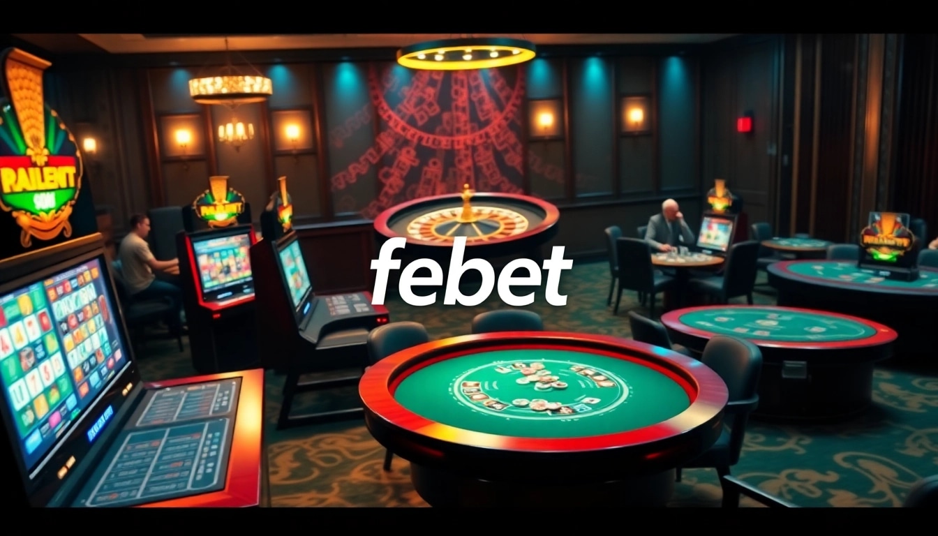 Experience the high-stakes excitement at febet with vibrant slot machines and luxurious casino tables.
