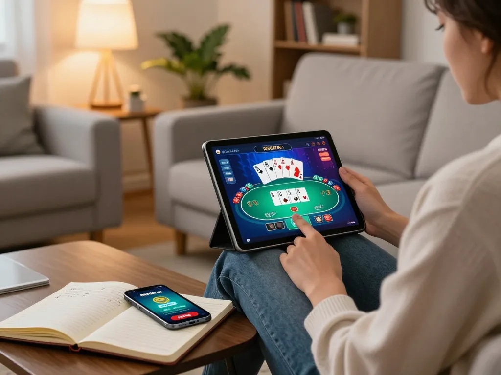 Engaging in poker gameplay on 888NEW through a tablet, surrounded by strategic notes in a cozy home setting.