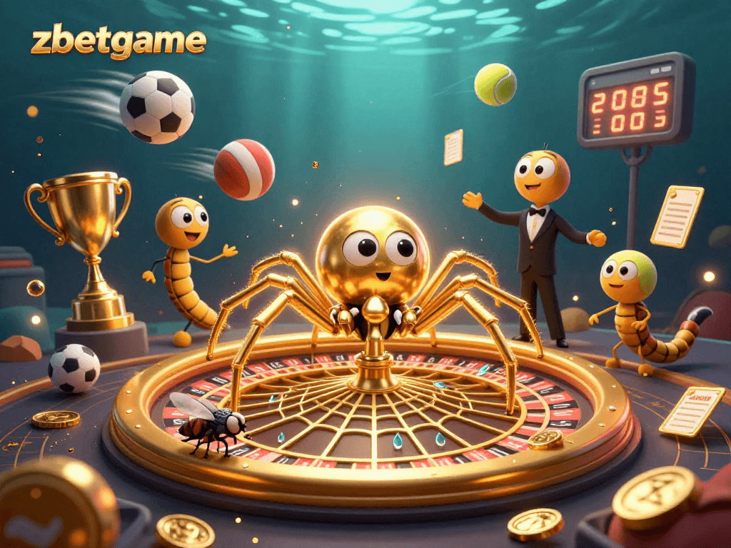 Join the excitement at zbetgame with a dynamic illustration showcasing a spider, fly, and centipede in a casino atmosphere.
