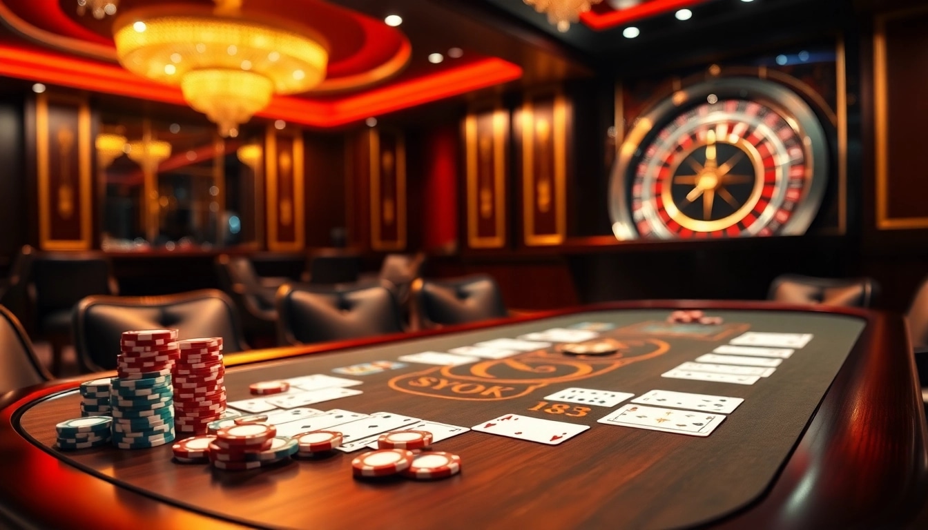 Engaging scene at a KP88-themed casino table showcasing vibrant poker chips and elegant cards.