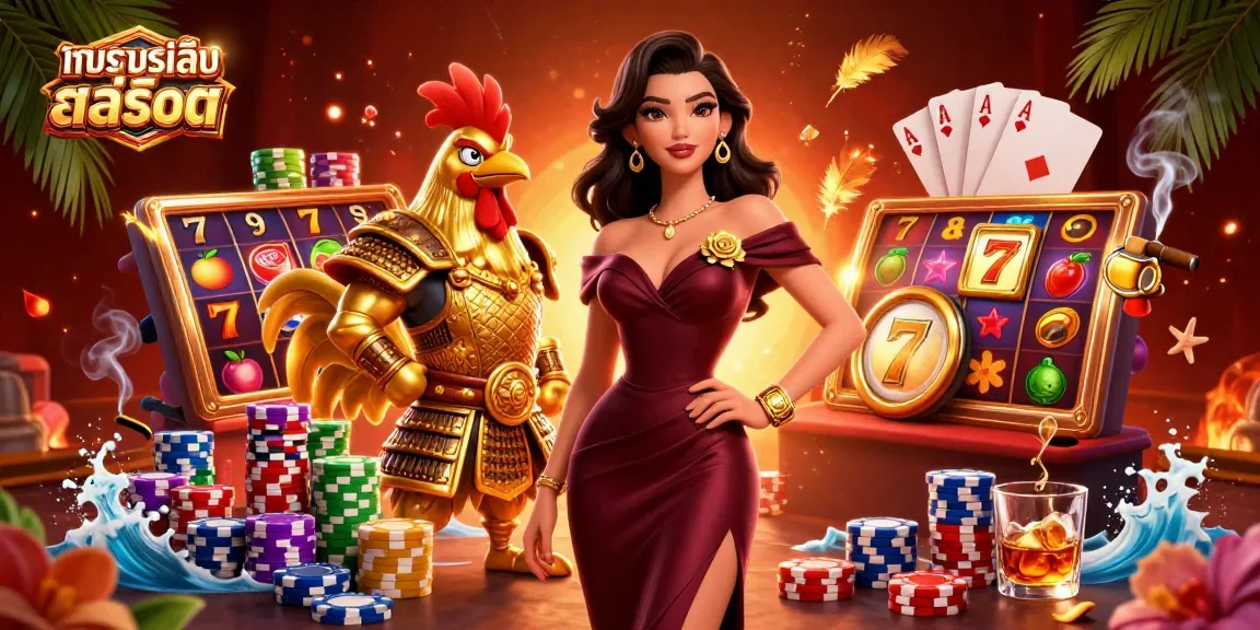 Engage in ทดลองเล่นสล็อต with a glamorous gaming scene of a woman and a rooster warrior amidst vibrant slots and chips.