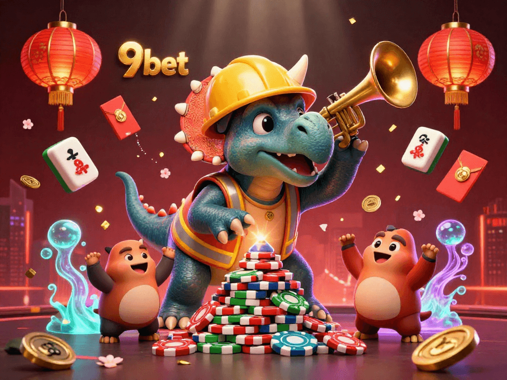 9bet celebrates with vibrant 3D illustration featuring casino characters and festive elements.