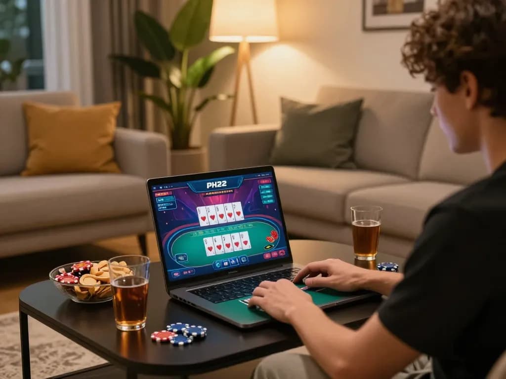 Engaging in poker gameplay on PH22 online casino with a cozy home setup and snacks.