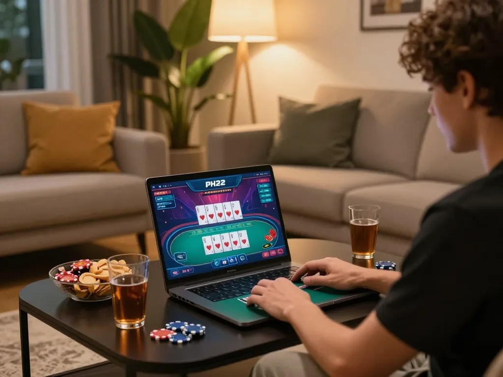 Engaging in poker gameplay on PH22 online casino with a cozy home setup and snacks.