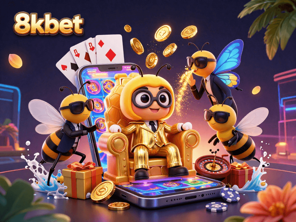 Spin the reels and win big with 8xbet in this colorful casino scene featuring a cartoon bumblebee