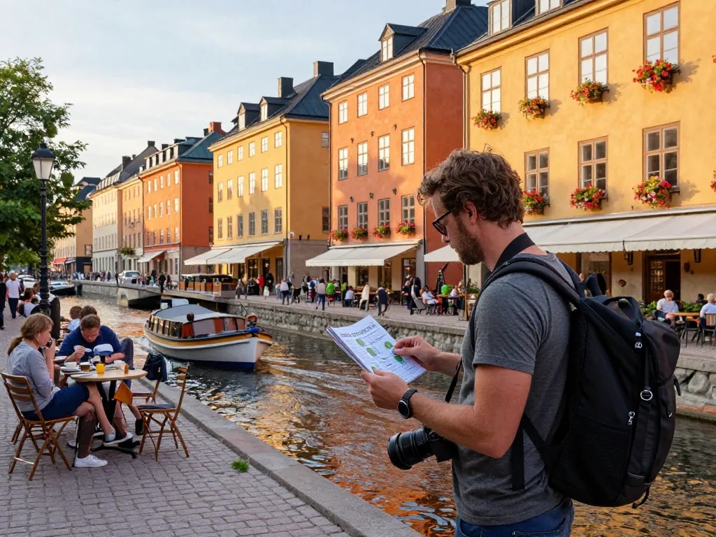 Reisetipps Stockholm Reisender, der die lebhaften Kanalansichten mit historischer Architektur und Außenrestaurants genießt