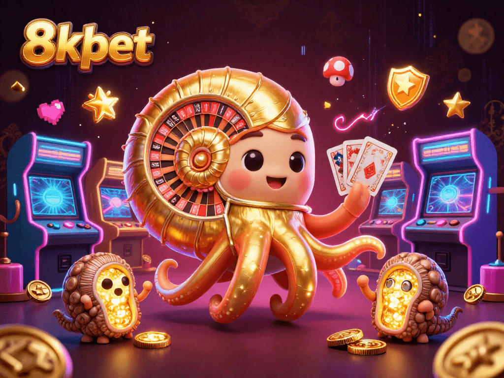 8xbet's vibrant casino scene showcases a giant nautilus roulette wheel with glowing ammonite companions.