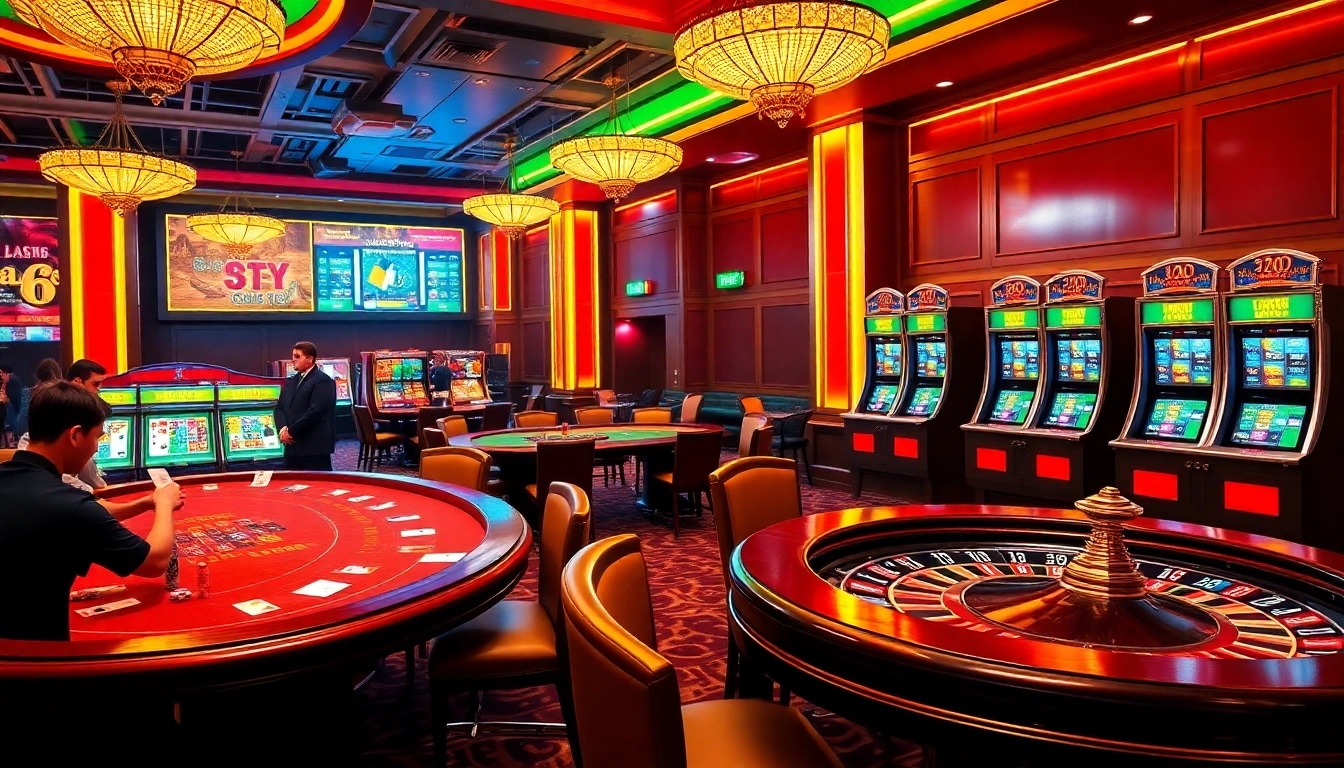 Người chơi tận hưởng trải nghiệm casino đầy kịch tính tại LUCK8, với bàn roulette, máy đánh bạc và không gian trang trí sống động.