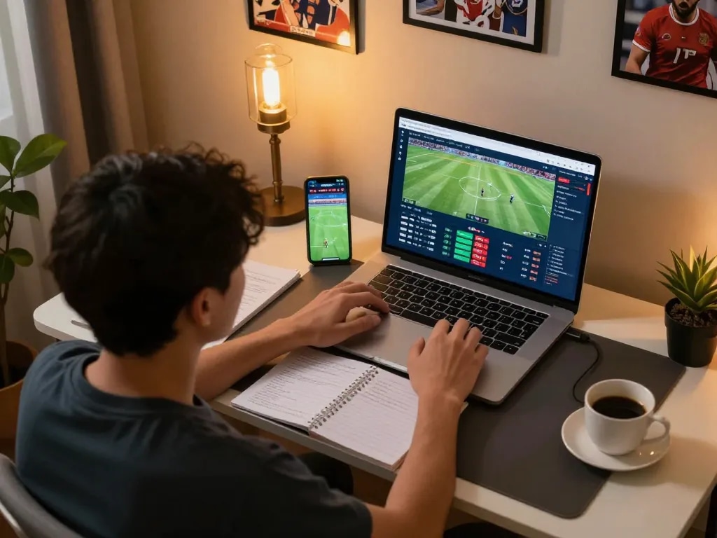 Engaging in live online sports betting at home using keonhacaii platform, with a laptop displaying odds.