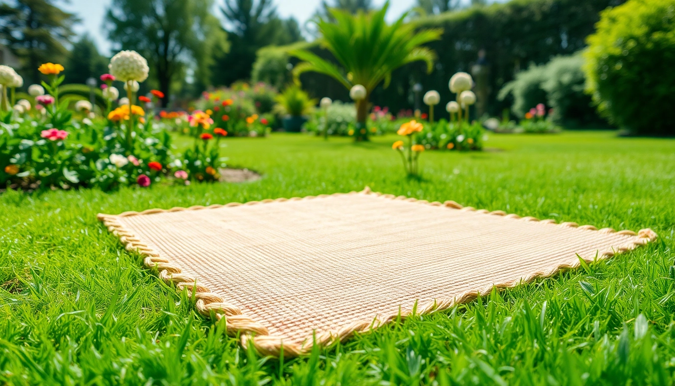 Hanfmatte auf weichem Grassboden, umgeben von bunten Blumen und Bäumen.