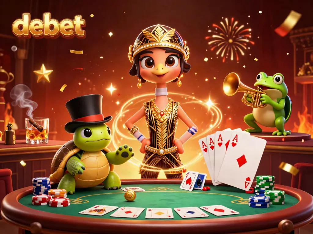 Experience debet's thrilling gaming with a vibrant casino scene featuring animated characters and dynamic elements.