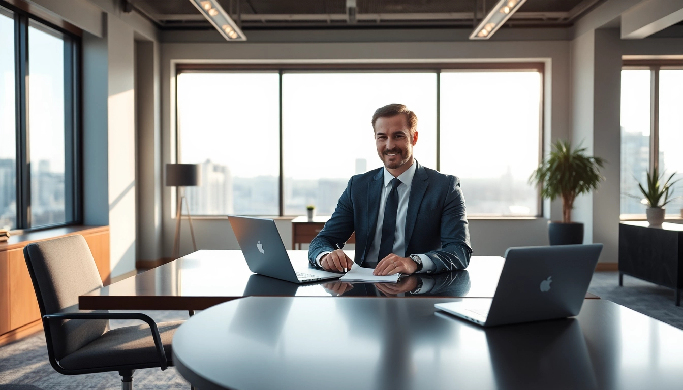 Headhunter Executive Search in einem modernen Büro, wo ein professioneller Headhunter an einem Laptop arbeitet.