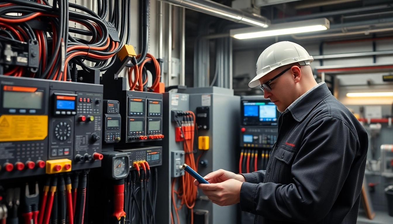 Inspecting electrical devices during DGUV V3 Prüfung for workplace safety compliance.