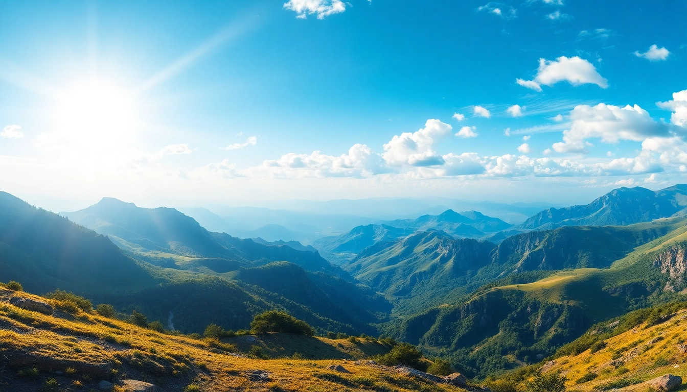 Illustrate Klima with a vibrant landscape showing diverse weather patterns and atmospheric conditions.