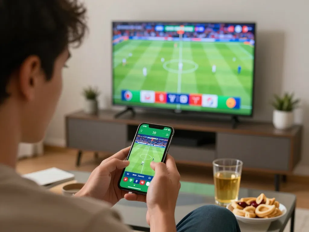 Engaged player using the fabet app to place bets during a live football match.
