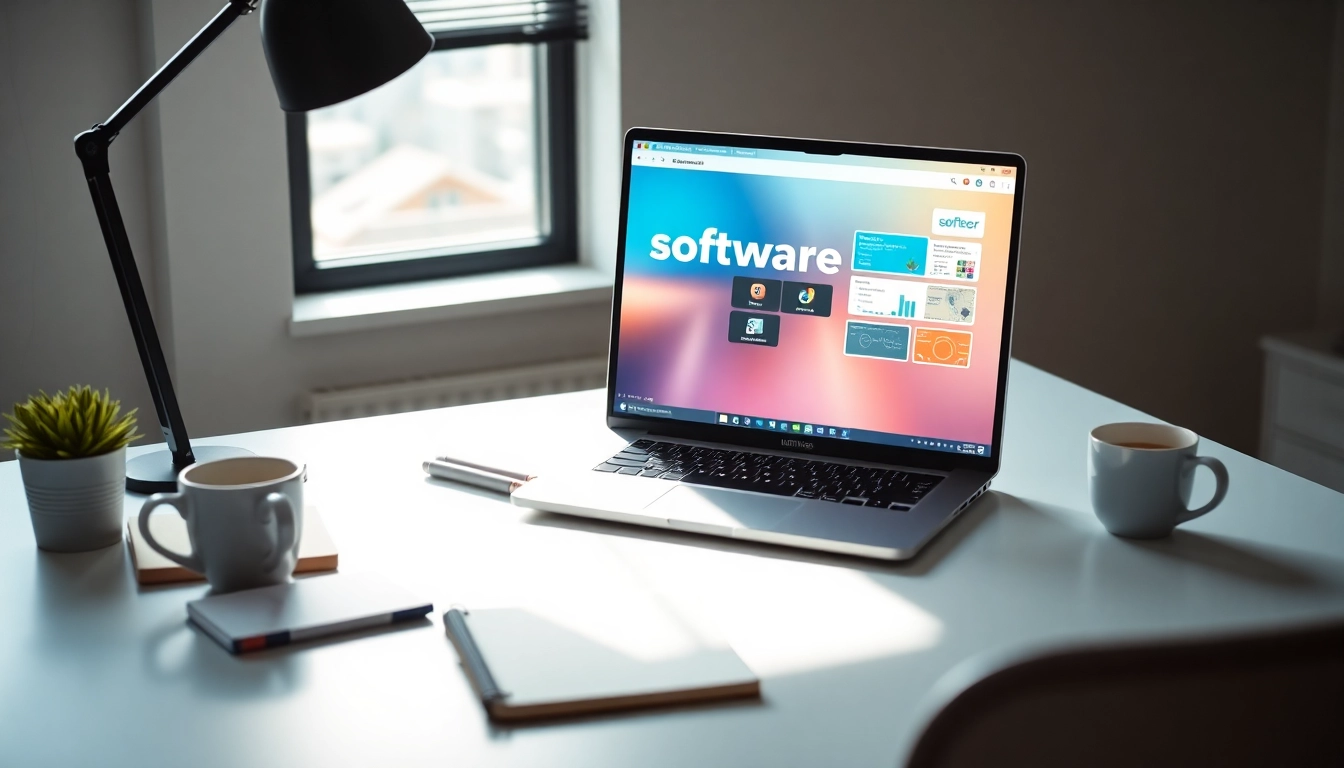 Software Hilfe am modernen Arbeitsplatz mit Laptop und notizblock.