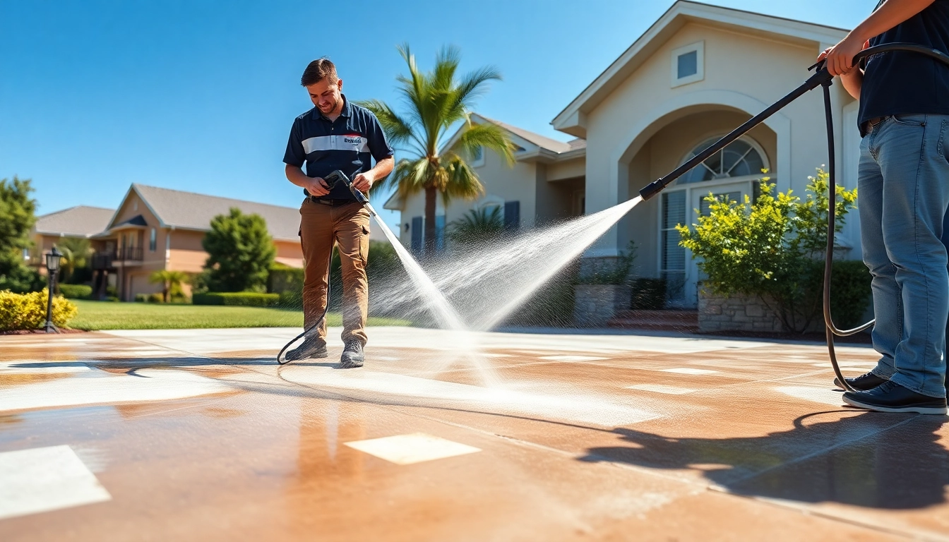 Concrete cleaning in Kissimmee, FL, showcasing a professional team cleaning a driveway with pressure washing.