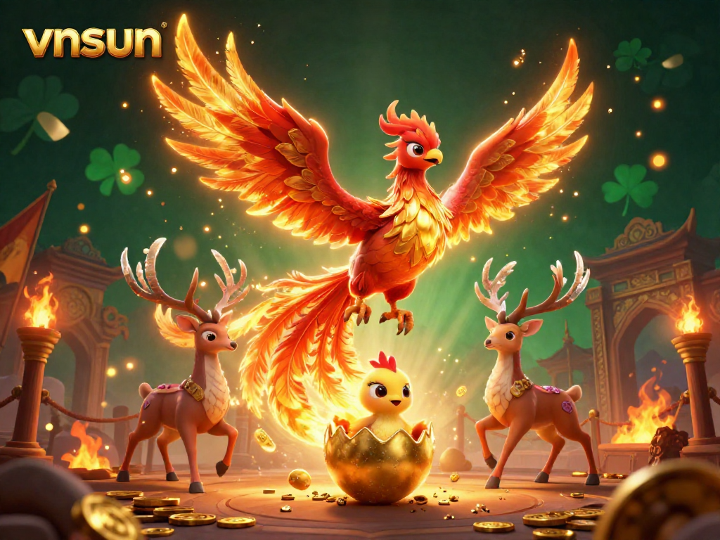 Experience the thrill of winning at vnsun with a vibrant phoenix and mystical stag in dynamic gambling scene.