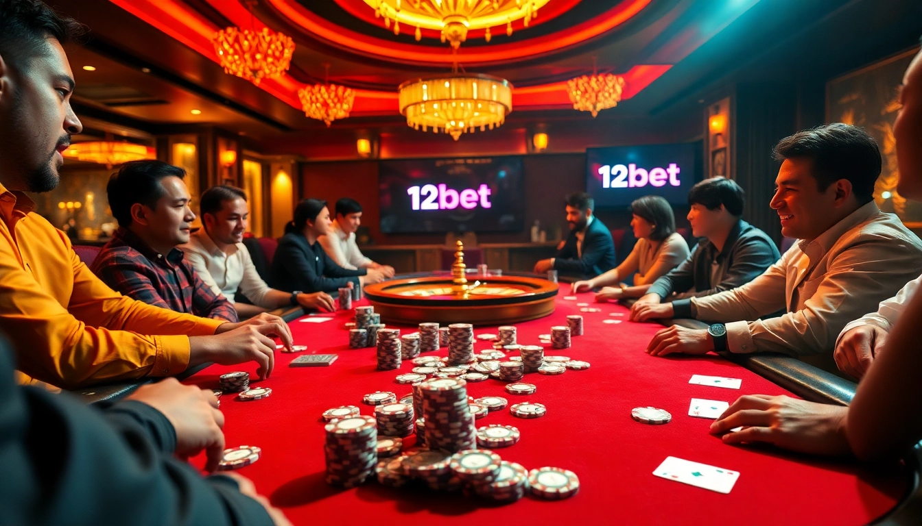 Exciting poker action at a luxurious casino with a prominent display of link 12bet on a digital screen.