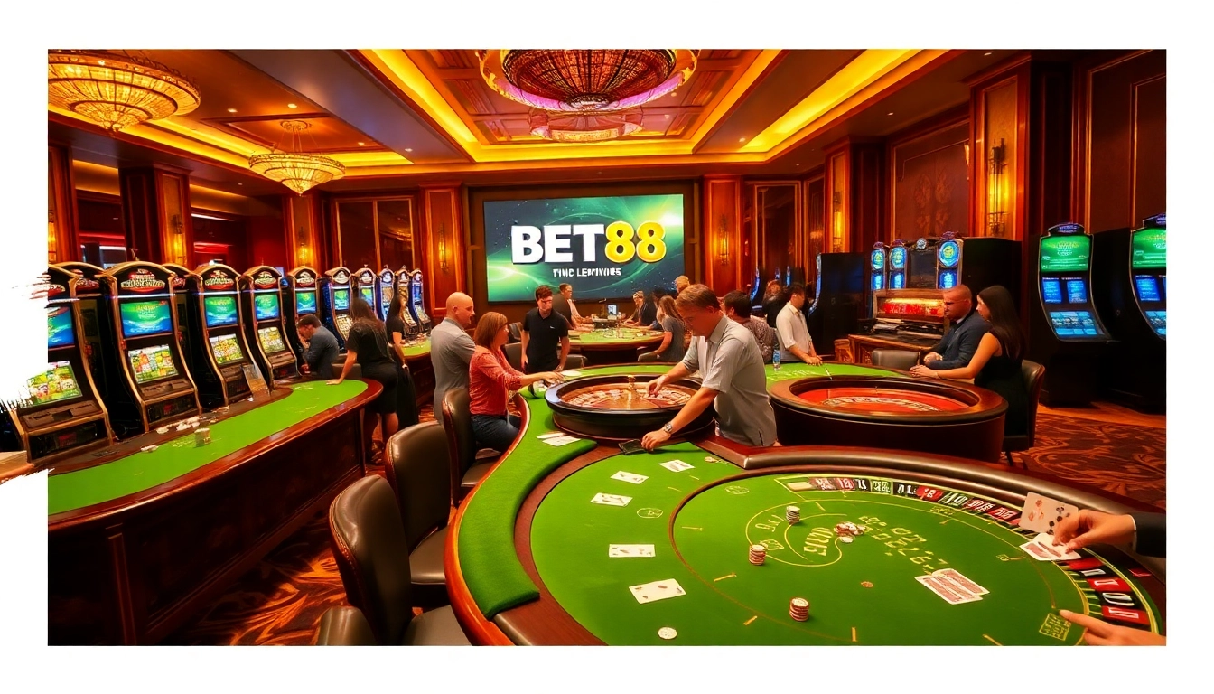 Exciting gaming scene at BET88 casino with players and vibrant table games.