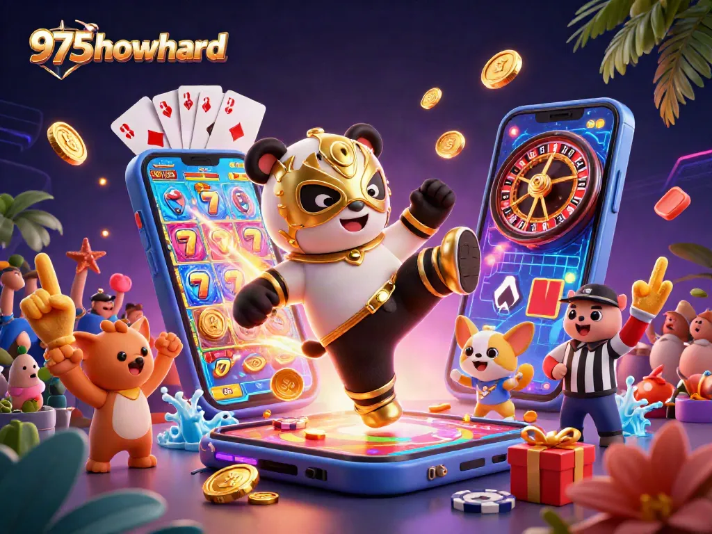 Experience thrill with 975howard's animated casino scene featuring panda wrestler and slot games.