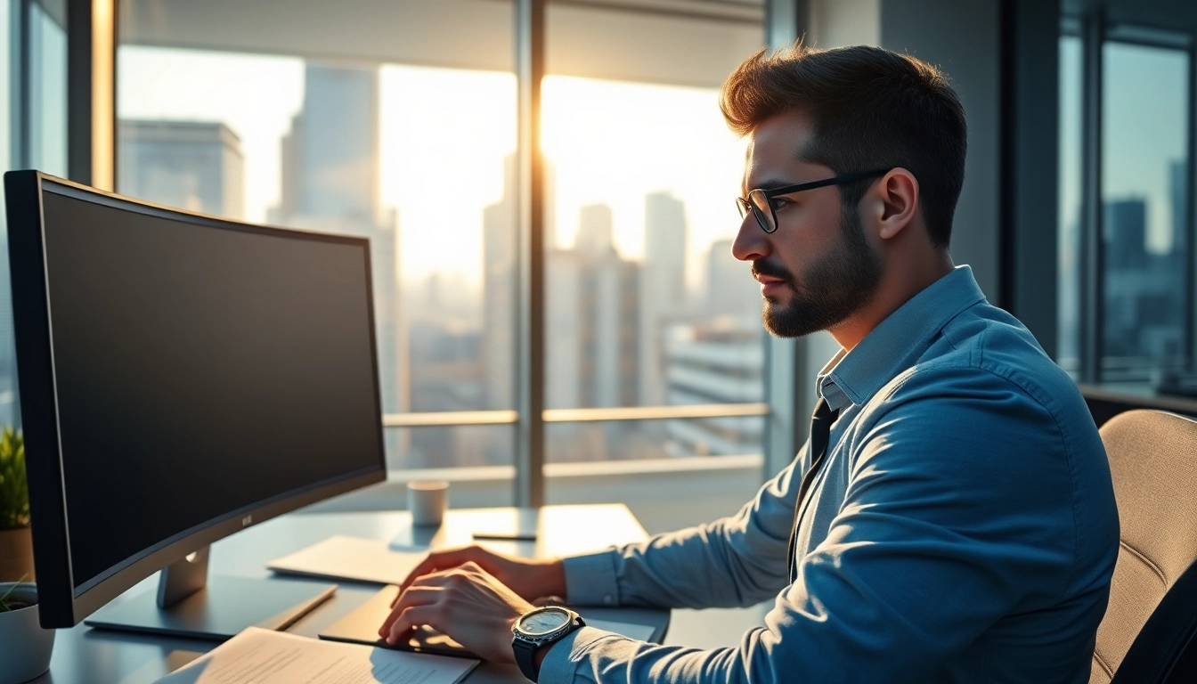 Headhunter arbeitet konzentriert an einem Computer in modernem Büro mit städtischer Aussicht.