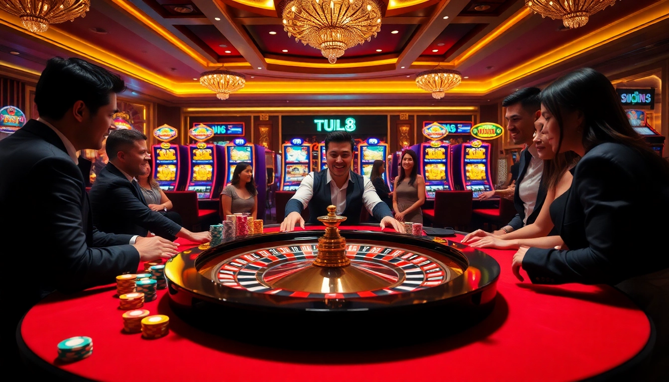 Engage in thrilling bets at https://luck8.name/ with a vibrant casino scene featuring roulette and excited players.