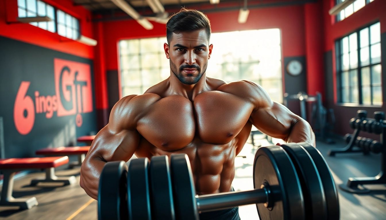 Androbal Testosterone Compound für starken Muskelaufbau in einem Fitnessstudio.