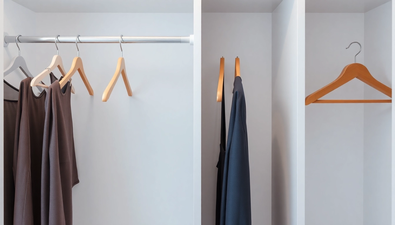 Kunststoff kleiderbügel auf einem modernen Kleiderschrank, die vielseitige Designs und Farben präsentieren.