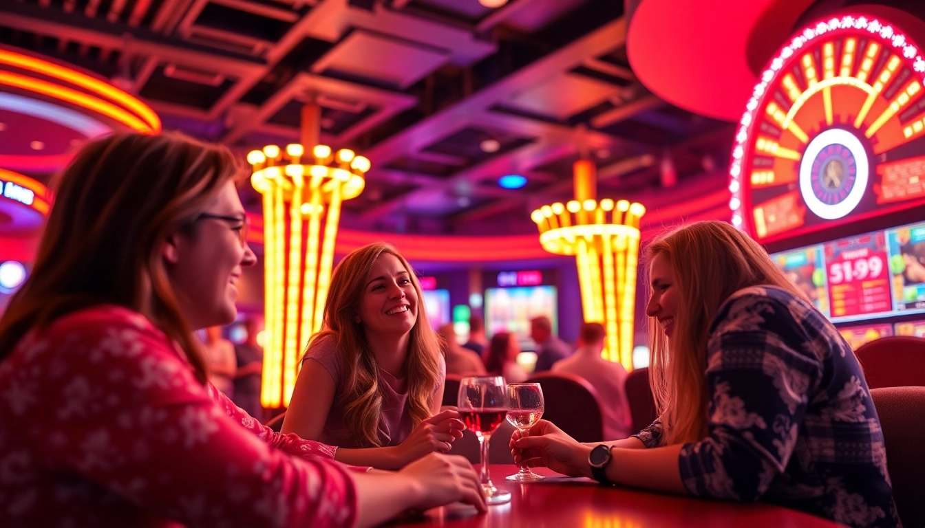 Erlebe Spannung im casino online mit leuchtenden Neonlichtern und fröhlichen Spielern, die umrinnt sind.