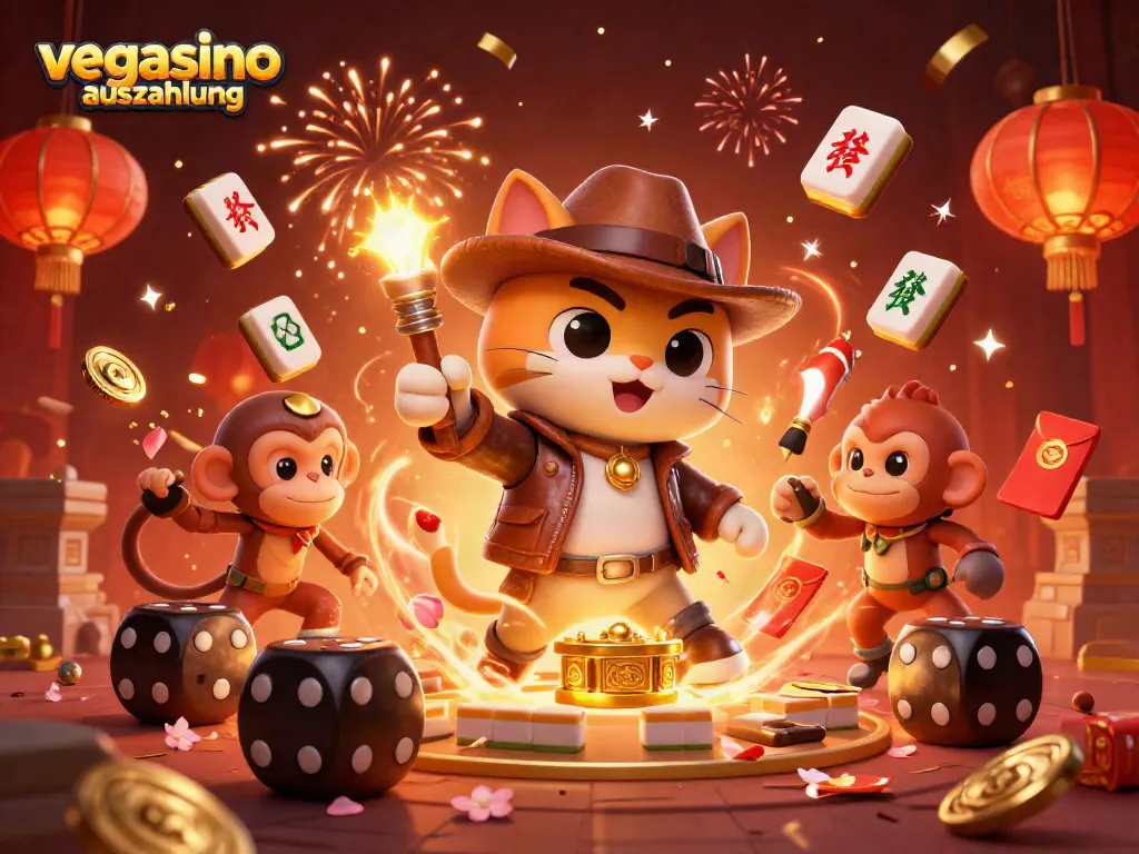 Experience vegasino auszahlung with a thrilling illustration of an explorer finding casino treasures.