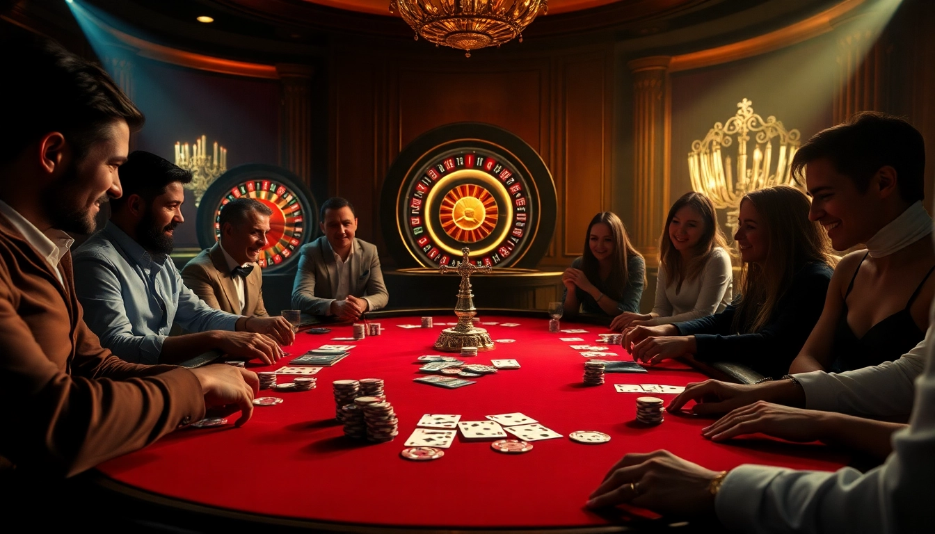 Players enjoying the excitement at a poker table at 8day casino in a luxurious atmosphere.