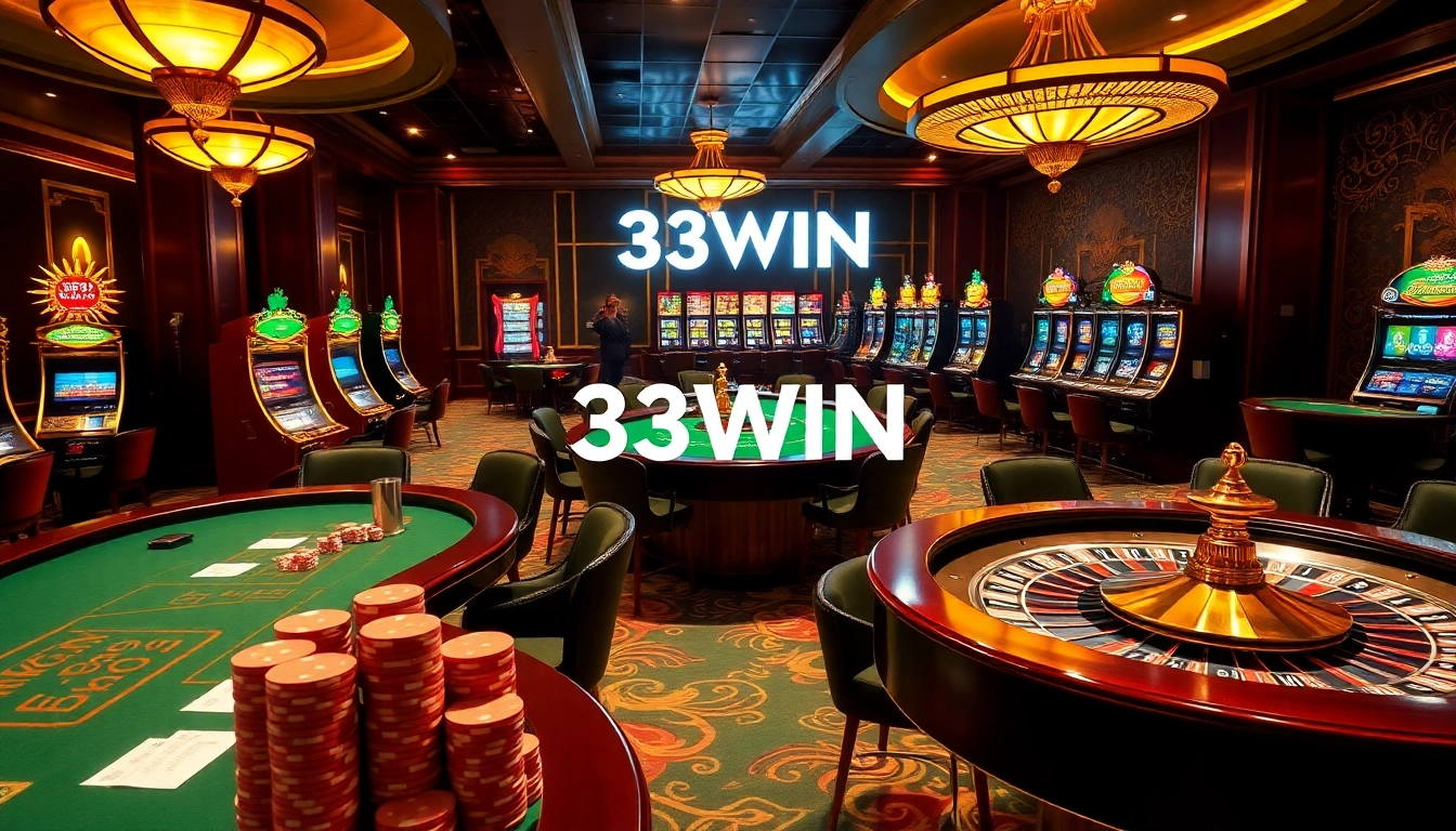 Engaging 33WIN casino scene featuring poker tables, slot machines, and roulette wheels.