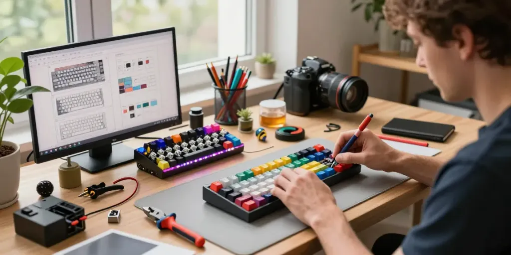Hands assembling an H60 case for Wooting with colorful keycaps and tools in a vibrant workspace.