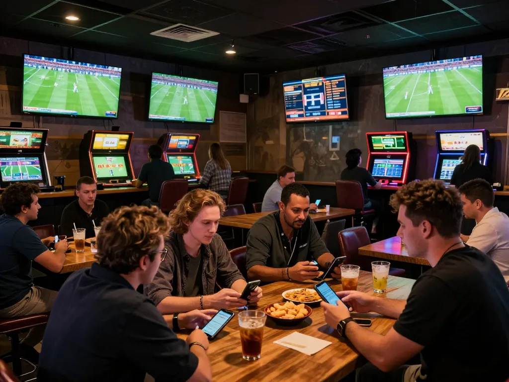 Patrons engaging in sports betting at NOWGOAL trang soi kèo with vibrant atmosphere and screens showing live football.