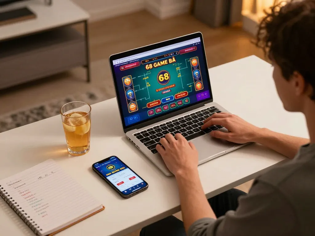 Engaged player exploring 68 Game Bài on their laptop, showcasing online gambling excitement.