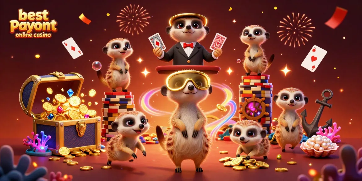 Engaging illustration showcasing best payout online casino with meerkats managing a vibrant casino operation.