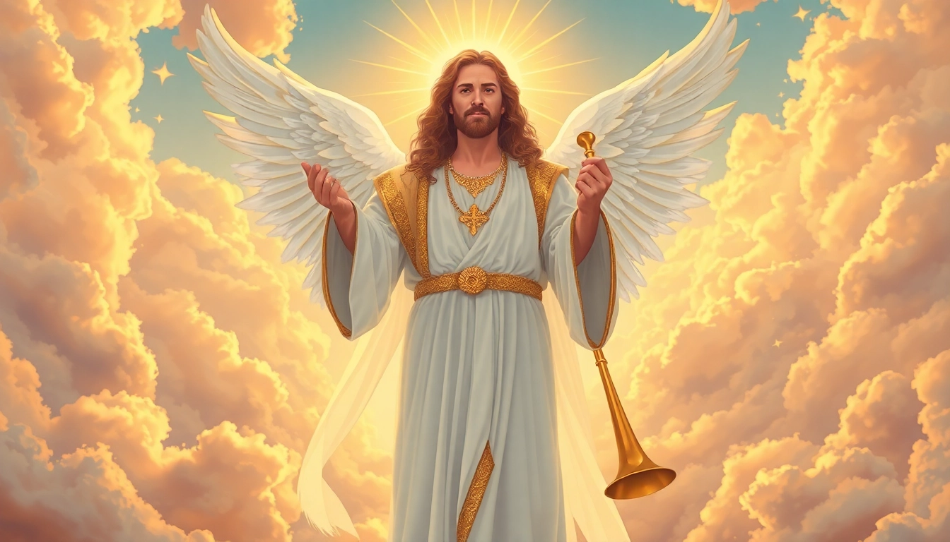 Erzengel Gabriel majestically depicted as a heavenly figure with a golden trumpet.