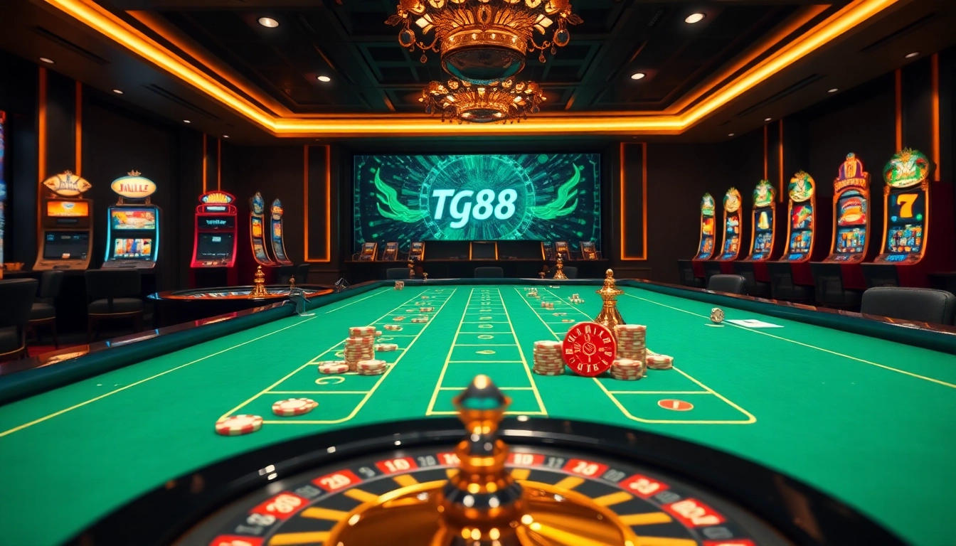 Experience tg88 đăng nhập with vibrant casino tables and gaming elements in a luxurious atmosphere.