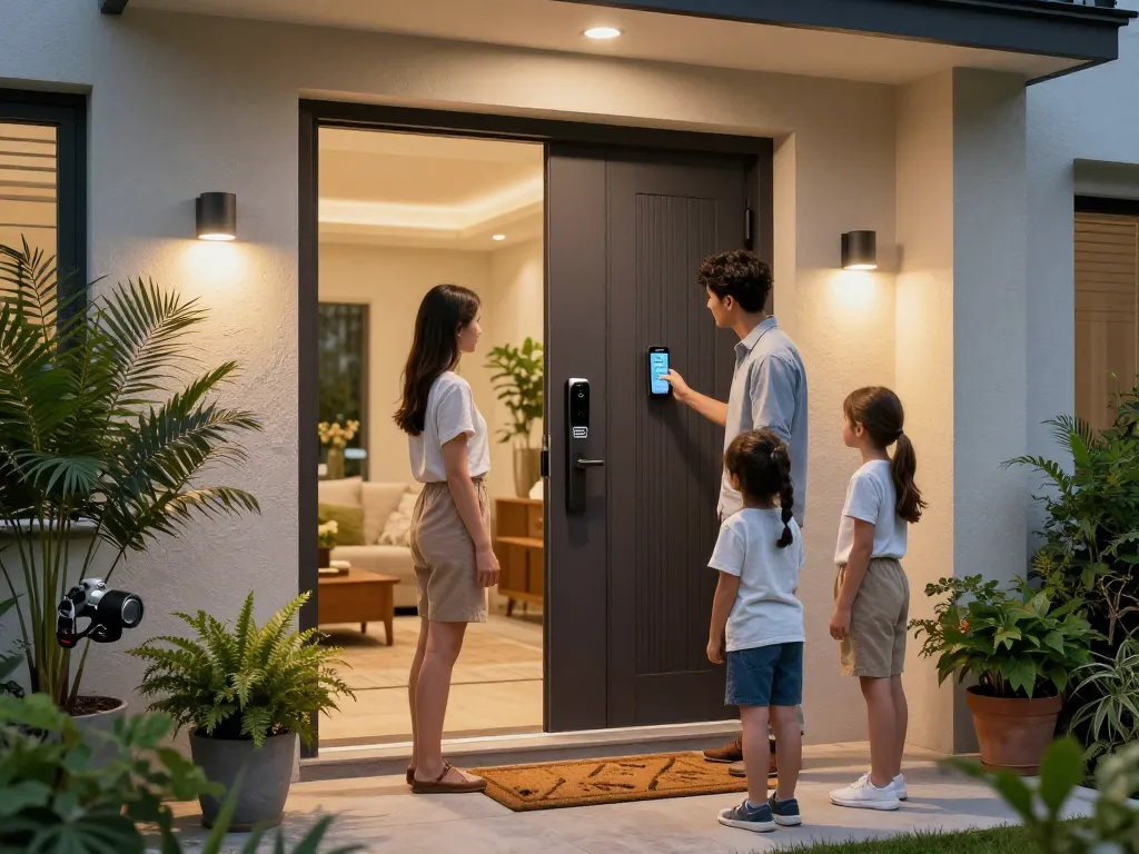 Goliath Türsprechanlage präsentiert am modernen Hauseingang, Familie interagiert mit dem Smart-Intercom.