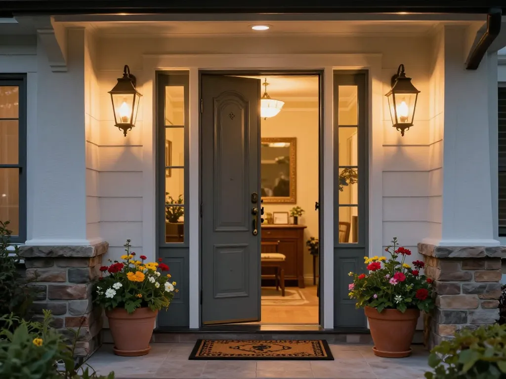 Schöne Haustür, die Gäste in ein gemütliches Zuhause mit eleganten Designelementen und warmem Licht willkommen heißt.