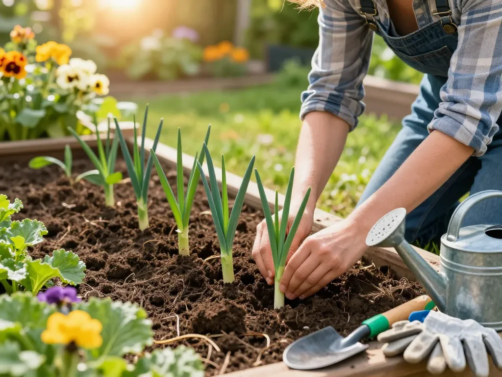 Gardener planting summer leek seedlings (lauch pflanzen kaufen) in a vibrant home garden, enhancing growth.