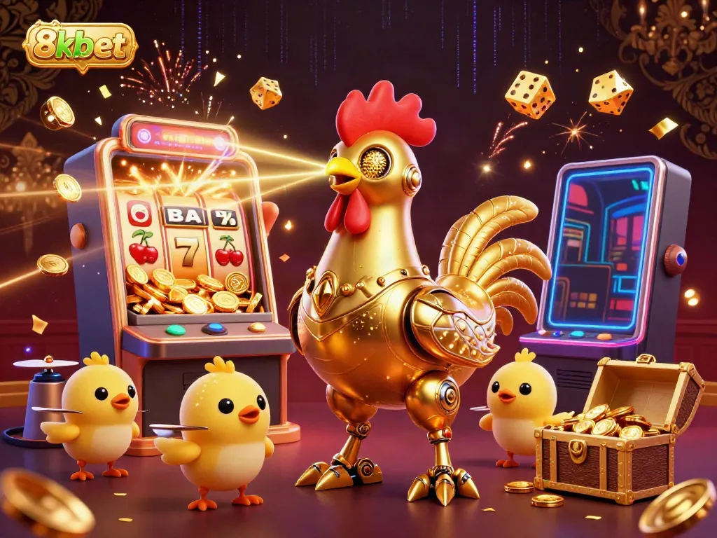 "Experience the excitement of 8xbet's dynamic gaming scene with a retro-futuristic golden rooster robot and thrilling casino elements."