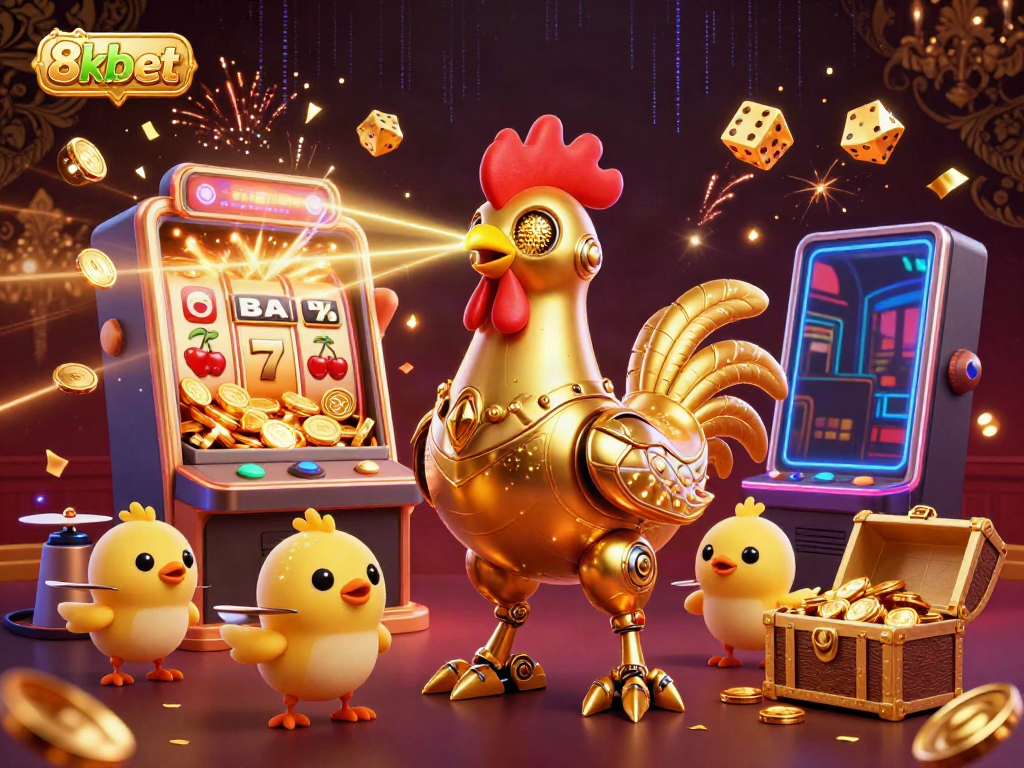 "Experience the excitement of 8xbet's dynamic gaming scene with a retro-futuristic golden rooster robot and thrilling casino elements."