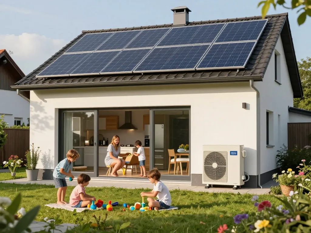 Photovoltaik Bayern - Familie genießt das Leben mit Solarpanelen und Wärmepumpe in ihrem umweltfreundlichen Zuhause.