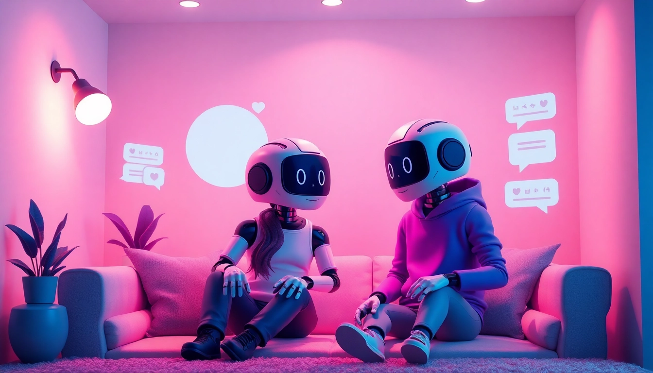 Engaging ai chat sex conversation between animated chatbots in a cozy virtual space.