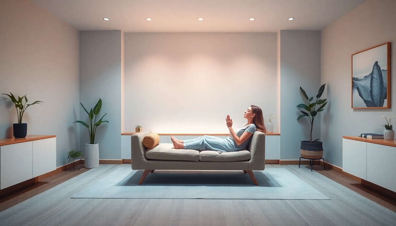 Hypnose Köln: Entspannte Therapeuten führen eine beruhigende Hypnosetherapie-Sitzung in modernem Ambiente.