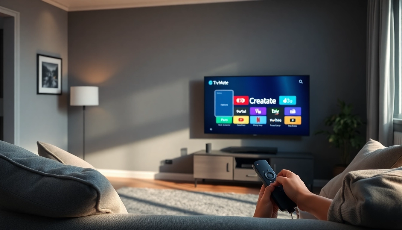 TiviMate interface on a modern TV screen within a cozy living room setting showcasing innovative IPTV streaming.