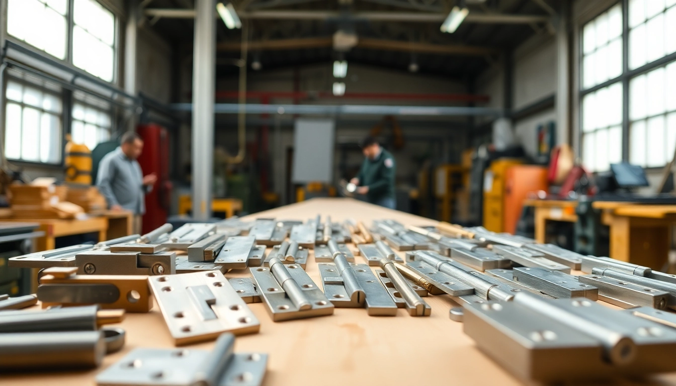 Professioneller Hinge Supplier präsentiert verschiedene hochwertige Scharniere in einer industriellen Werkstatt.
