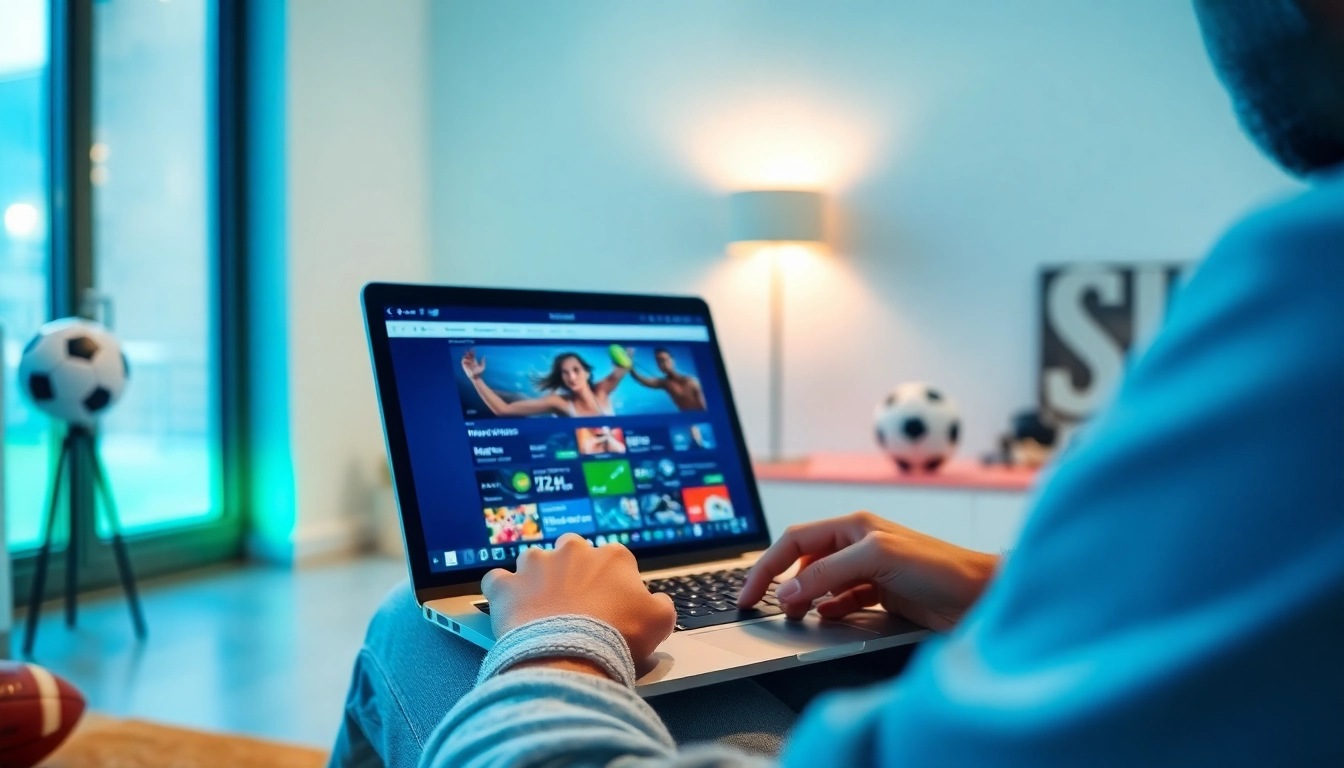 Erleben Sie das Aufregende der legal online sportwetten mit einer Person, die an ihrem Laptop Wettentscheidungen trifft, umgeben von Sportutensilien.